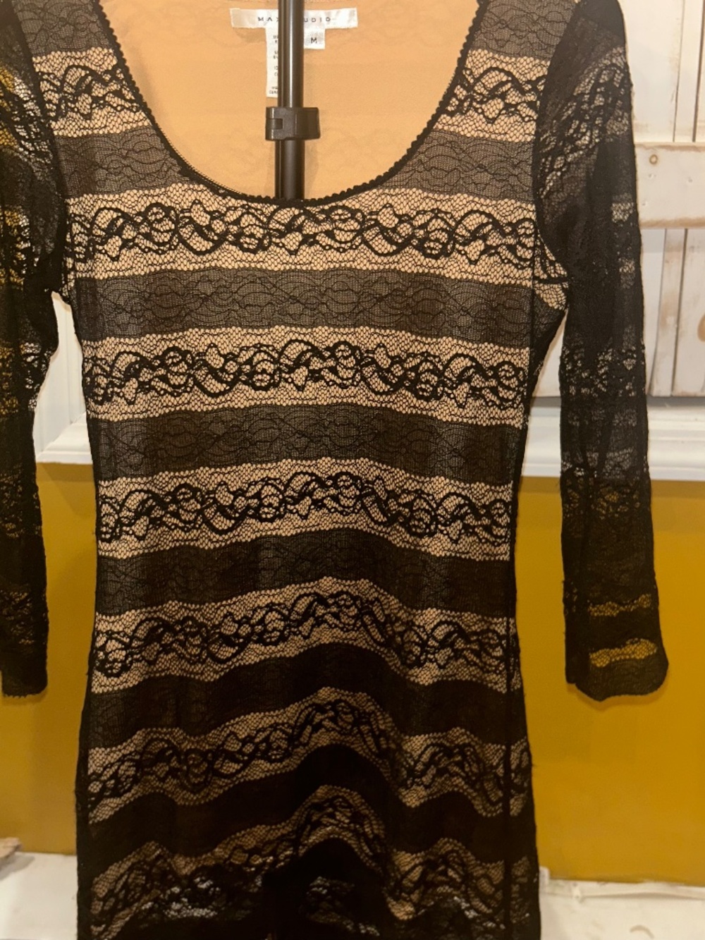 Max Studio Black Lace Overlay Nude Lining 3/4 Sleeve Top